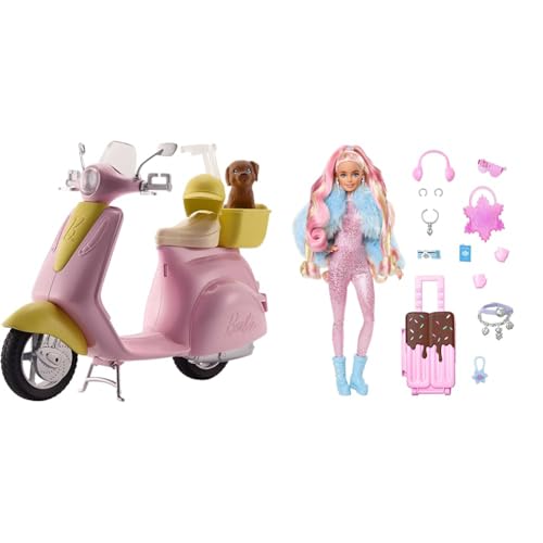 Barbie DVX56 FRP56 Motorroller, pink & Extra Fly - Reisepuppe mit Winter-Outfit und Zubehör, 15 Accessoires wie Ohrenschützer, Handschuhe, Skibrille und Koffer, für Kinder ab 6 Jahren, HPB16 Barbie DVX56 FRP56 Motorroller, pink & Extra Fly - Reisepuppe mit Winter-Outfit und Zubehör, 15 Accessoires wie Ohrenschützer, Handschuhe, Skibrille und Koffer, für Kinder ab 6 Jahren, HPB16 von Barbie