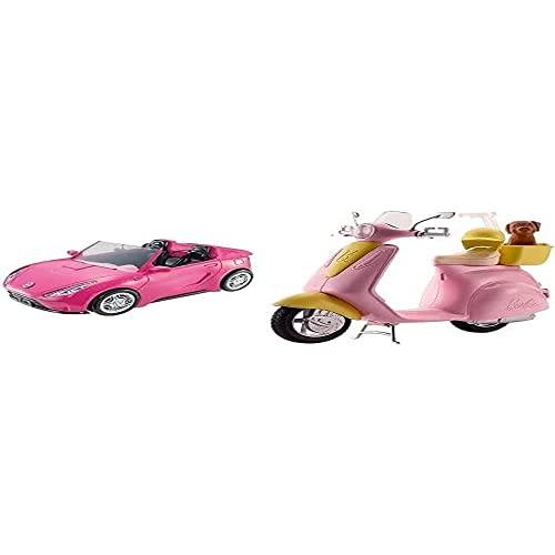 Barbie DVX59 - Cabrio Fahrzeug, in pink, mit Platz für 2 Puppen, Puppen Zubehör, ab 3 Jahren & FRP56 Motorroller, pink von Barbie
