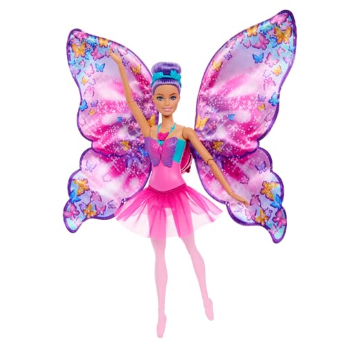 Barbie Tanz und Flatter Puppe mit 2-in-1-Verwandlung von der Tänzerin zum Schmetterling mit sich öffnenden Flügeln, violetten Haaren, Haarschmuck und abnehmbarem Tutu, HXJ10 Barbie Tanz und Flatter Puppe mit 2-in-1-Verwandlung von der Tänzerin zum Schmetterling mit sich öffnenden Flügeln, violetten Haaren, Haarschmuck und abnehmbarem Tutu, HXJ10 von Barbie