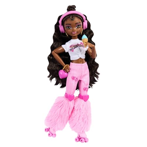 Barbie Dream Besties Puppe und Accessoires, bewegliche Brooklyn“ Rollschuh-Modepuppe mit braunem Haar, 9 Zubehörteile zum Thema Musik und Video, JFX97 von Barbie