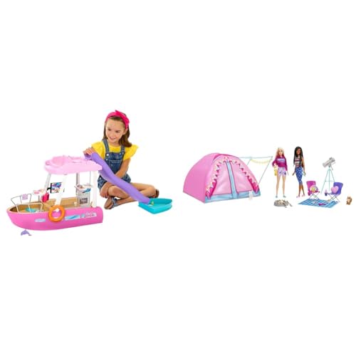 Barbie Dream Boat (111 cm) & Let's Go Camping Zelt, 2 Puppen, 1x blond, 1x schwarz, Zubehör, Hase, Eichhörnchen, Geschenk für Kinder, Spielzeug ab 3 Jahre,HGC18 von Barbie