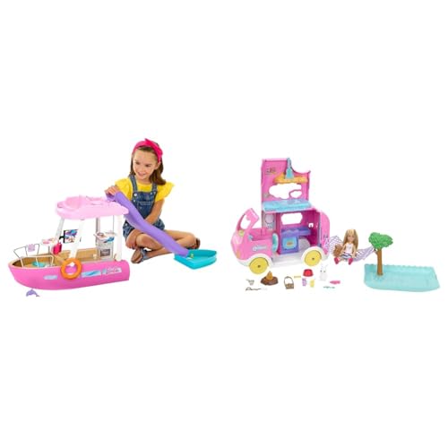 Barbie Dream Boat & Chelsea 2-in-1-Camper - Spielzeugfahrzeug mit Pool, Hängematte und Essbereich, für fantasievolles Spielen und Geschichtenerzählen, ab 3 Jahren, HNH90 von Barbie