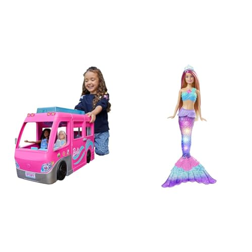 Barbie Dream Camper Van (75 cm) mit 7 Spielbereichen, inkl Pool und Rutsche & Dreamtopia Meerjungfrau, Meerjungfrau mit rosa Haaren von Barbie