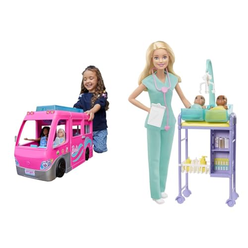 Barbie Dream Camper Van (75 cm) mit 7 Spielbereichen, inkl Pool und Rutsche & You Can Be Anything Serie, Baby Doctor, Puppe mit blondem Haar von Barbie