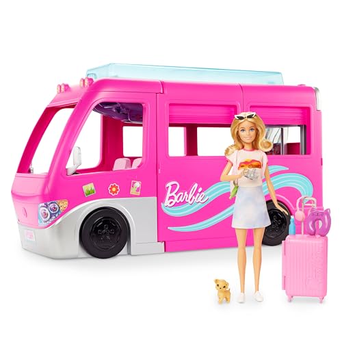 Barbie Super-Abenteuer-Camper Fahrzeug-Spielset + Barbie-Reise-Puppe und Zubehör, 2 Spielzeuge für Kinder ab 3 Jahren von Barbie