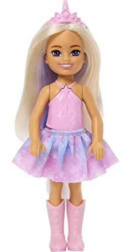 Barbie Dreamtopia Chelsea Einhorn kleine Puppe mit abnehmbarem Schwanz, Horn-Stirnband-Zubehör und Lavendelhaar, biegt sich an der Taille von Barbie