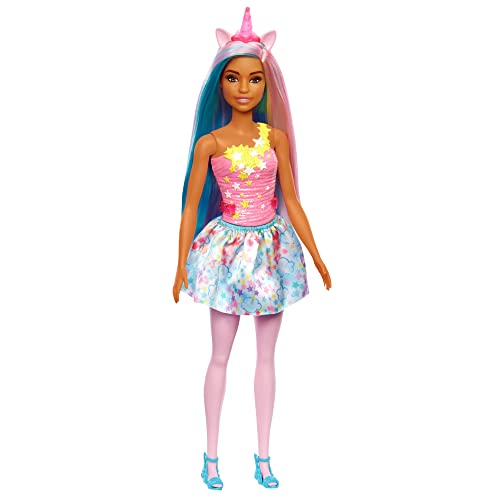 Barbie Dreamtopia Einhorn Prinzessin Puppe mit blauen & rosa Haaren, rosa Einhorn Horn und Ohren, Prinzessin Rock, Strumpfhosen, Schuhe, inkl Puppe, Geschenke für Kinder 3 Jahren,HGR21 von Barbie