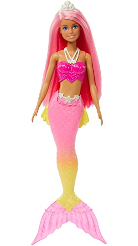 Barbie Dreamtopia Rainbow Magic Mermaid, Meerjungfrau mit rosa Haaren, Krone, gelber und rosa Meerjungfrauen-Schwanzflosse, inkl Puppe, Geschenk für Kinder, Spielzeug ab 3 Jahre,HGR11 von Barbie
