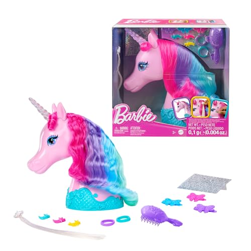 Barbie Einhorn-Styling-Kopf, Bunte Mähne in Fantasiefarben, mit Styling-Zubehör und Glitzer-Aufklebern, JCW52 von Barbie