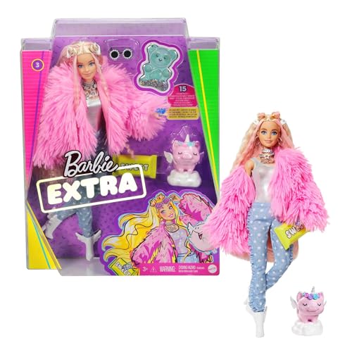 Barbie Extra, Barbie Puppe mit extra langen Haaren, inkl. Barbie Kleidung wie flauschiger Mantel und Barbie Zubehör wie Einhorn Schweinchen, Spielzeug ab 3 Jahre, GRN28 Barbie Extra, Barbie Puppe mit extra langen Haaren, inkl. Barbie Kleidung wie flauschiger Mantel und Barbie Zubehör wie Einhorn Schweinchen, Spielzeug ab 3 Jahre, GRN28 von Barbie