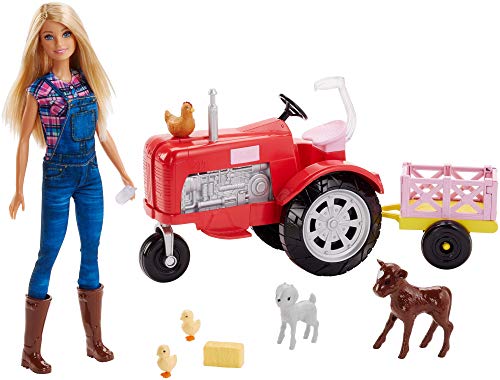 Barbie FRM18 - Bäuerin Puppe mit Traktor, abnehmbaren Anhänger und 5 Tiere, Bauernhof Puppen Spielset, Mädchen Spielzeug ab 3 Jahren, Mehrfarbig von Barbie