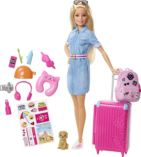 Barbie-Puppe Barbie Dream House Adventures, Reise-Barbie mit blonden Haaren, rosa Koffer, Rucksack, Nackenkissen, Welpe, Barbie-Zubehör, Geschenke für Kinder ab 3 Jahren,FWV25 von Barbie