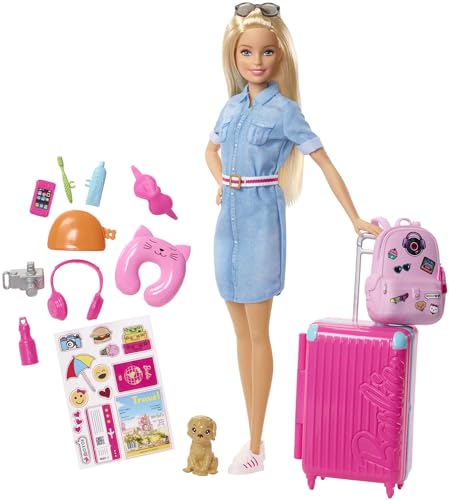 Barbie-Puppe Barbie Dream House Adventures, Reise-Barbie mit blonden Haaren, rosa Koffer, Rucksack, Nackenkissen, Welpe, Barbie-Zubehör, Geschenke für Kinder ab 3 Jahren,FWV25 von Barbie