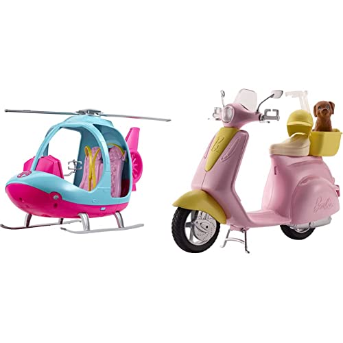Barbie FWY29 - Hubschrauber in Pink und Blau, Spielzeug Geschenk für Kinder von 3 bis 7 Jahren[Exklusiv bei Amazon] & FRP56 - Motorroller, pink, Spielzeug ab 3 Jahren von Barbie