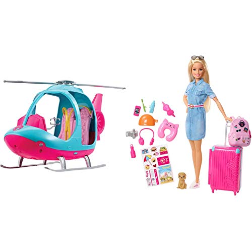Barbie Exklusives Kombi-Angebot FWY29 - Reise Hubschrauber mit Platz für Zwei Puppen FWV25 - Reise Puppe mit blonden Haaren von Barbie