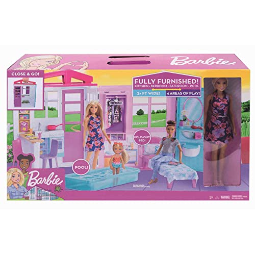 Barbie FXG55 - Ferienhaus mit Puppe, Möbeln und Pool, portables Puppenhaus ca. 46 cm hoch mit Tragegriff, Puppenzubehör Spielzeug ab 3 Jahren von Barbie