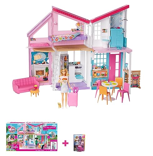 Barbie FXG57 - Malibu Haus Puppenhaus + BARBIE Malibu - Koffer, Rucksack, Hündchen und mehr als 10 Accessoires, HJY18 von Barbie