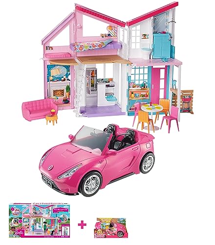 Barbie FXG57 - Malibu Haus Puppenhaus + -Puppe und Auto in glänzendem Pink, DVX59 von Barbie