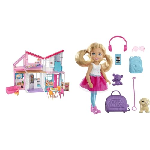 Barbie FXG57 - Malibu Haus Puppenhaus 60 cm breit mit +25 Zubehörteile, Puppen Spielzeug ab 3 Jahren, Mehrfarbig & FWV20 - Travel Chelsea Puppe, blond mit Hündchen, Spielzeug ab 3 Jahren von Barbie