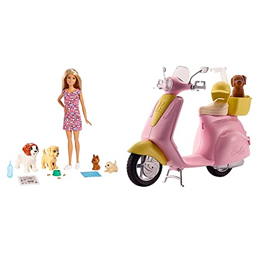 Barbie FXH08 - Hundesitterin Puppe und Welpen inkl. 4 Haustieren und Zubehör, Puppen Spielzeug und Puppenzubehör ab 3 Jahren [Exklusiv bei Amazon] & DVX56 FRP56 Motorroller, pink von Barbie