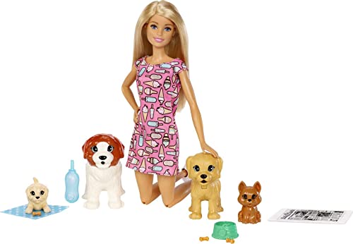 Barbie FXH08 - Hundesitterin, blond, Spielset mit 4 Hunden, mit einem Häufchen machenden und einem PIPI machenden Hund, mit Farbwechsel-Papier +mehr, Geschenk für Kinder im Alter von 3 bis 7 Jahren von Barbie