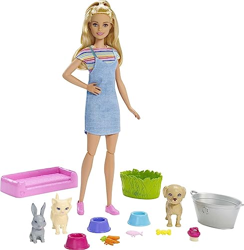 Barbie FXH11 - Badespaß Tiere & Puppe mit Blonder Puppe, 3 Tieren mit Farbwechsel-Funktion (Hündchen, Kätzchen und Häschen) sowie 10 Zubehörteilen, Geschenk für Kinder von 3 bis 7 Jahren von Barbie