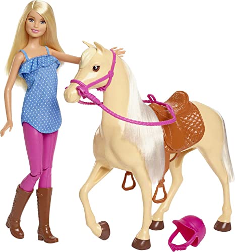 Barbie-Puppe und Pferdespielzeug, Barbie-Reitzubehör, rosa Helm und Zügel, 1 Barbie-Puppe und 1 Pferdespielzeug enthalten, als Geschenk für Kinder, Spielzeug ab 3 Jahre geeignet,FXH13 von Barbie