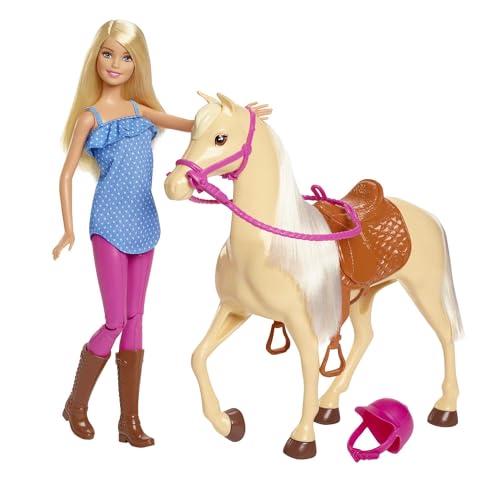 Barbie-Puppe und Pferdespielzeug, Barbie-Reitzubehör, rosa Helm und Zügel, 1 Barbie-Puppe und 1 Pferdespielzeug enthalten, als Geschenk für Kinder, Spielzeug ab 3 Jahre geeignet,FXH13 von Barbie