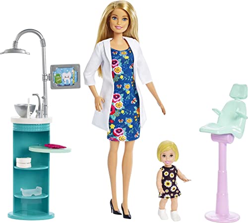 Barbie FXP16 - Zahnärztin-Puppe, Blonde, Spielset, kleine Patientenpuppe, Spülbecken, Behandlungsstuhl und vielem mehr, zum Beruf passendes Spielzeug für Kinder im Alter von 3–7 Jahren von Barbie