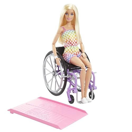 Barbie Fashionista-Puppe, Rollstuhl mit blonden Haaren und Regenbogen-Jumpsuit, Rollstuhl und Rampe, Puppe inklusive, Geschenk für Kinder, Spielzeug ab 3 Jahre,HJT13 Barbie Fashionista-Puppe, Rollstuhl mit blonden Haaren und Regenbogen-Jumpsuit, Rollstuhl und Rampe, Puppe inklusive, Geschenk für Kinder, Spielzeug ab 3 Jahre,HJT13 von Barbie