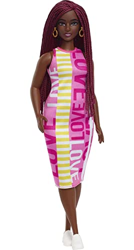 Barbie Fashionistas Puppe, Schwarze Barbiepuppe mit Zöpfen, rosa-gelb-weißes Kleid mit Love-Print an den Ärmeln, goldene Ohrringe, weiße Schuhe, inkl. Barbiepuppe, Geschenk für Kinder ab 3 Jahren Barbie Fashionistas Puppe, Schwarze Barbiepuppe mit Zöpfen, rosa-gelb-weißes Kleid mit Love-Print an den Ärmeln, goldene Ohrringe, weiße Schuhe, inkl. Barbiepuppe, Geschenk für Kinder ab 3 Jahren von Barbie