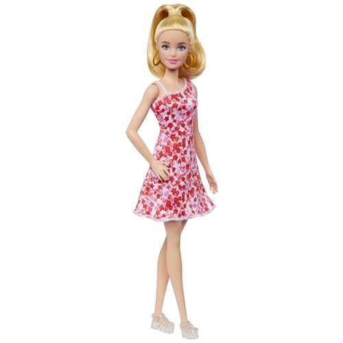 Barbie Fashionistas Nr. 205 - Puppe mit blondem Pferdeschwanz und süßem Blumenkleid, Plateau-Sandalen und großen Ohrringen, für Kinder ab 3 Jahren, HJT02 von Barbie