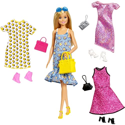 Barbie Fashionistas Puppen-Set Blonde Puppe mit Outfits Kleidung und Zubehör für 4 komplette Outfits Kinderspielzeug GDJ40 von Barbie
