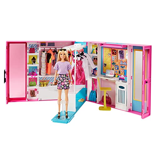 Barbie GBK10 - Traum Kleiderschrank mit Blonder Puppe, 25 Zubehörteilen, 60 cm, 10 Aufbewahrungsbereiche, Ganzkörperspiegel, Tisch, Kleiderstange, 4 Outfits, Geschenk für Kinder von 3 bis 7 Jahren von Barbie