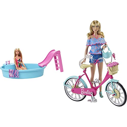 Barbie GHL91 - Pool mit Rutsche und Puppe (blond) Spielset, Puppenzubehör, Spielzeug ab 3 Jahren & DVX55 - Spielzeugfahrrad Puppen, ab 3 Jahren von Barbie