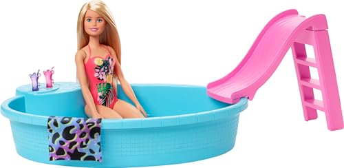 Barbie-Pool, 1x Puppe mit blonden Haaren, Pool und Rutsche, Accessoires, Geschenk für Kinder, Spielzeug ab 3 Jahre,GHL91 von Barbie