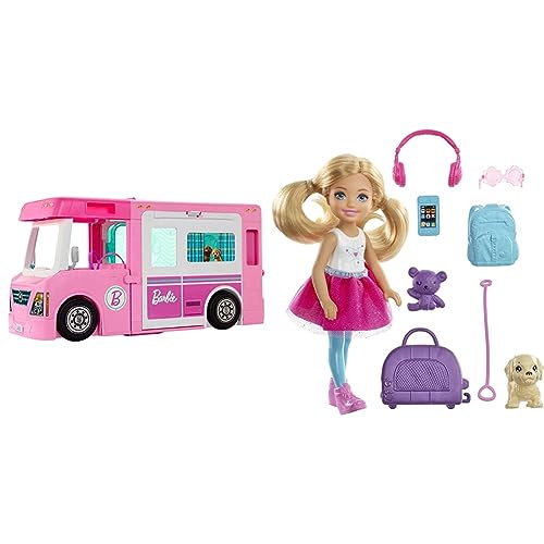 Barbie GHL93 - 3-in-1 Super Abenteuer-Camper, ca. 91 cm & Chelsea Serie, Chelsea Puppe mit Hund, Leine, Rucksack, Kopfhörer, Sonnenbrille von Barbie