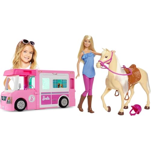 Barbie GHL93 - 3-in-1 Super Abenteuer-Camper FXH13 - Pferd mit Mähne und Puppe mit beweglichen Knien, Puppen Spielzeug und Puppenzubehör, ab 3 Jahren von Barbie