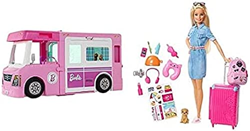 Barbie GHL93-3-in-1 Super Abenteuer-Camper mit Zubehör, Camping Wohnwagen für Puppen, Spielzeug ab 3 Jahren & FWV25 - Reise Puppe mit blonden Haaren inkl. Reisezubehör und Hündchen von Barbie