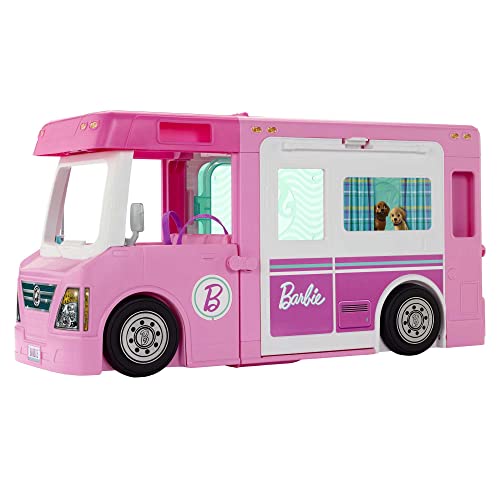 Barbie 3-in-1 Super Abenteuer-Camper mit Zubehör, Pool, umbaubarem Truck, Boots, 60 Camping-Zubehörteilen, Puppe, als Geschenk für Kinder ab 3 Jahren geeignet, GHL93 von Barbie