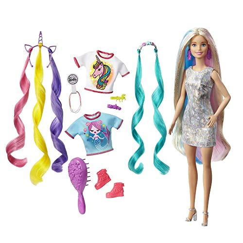 Barbie GHN04 - Fantasie-Haare Puppe, blond, mit zwei verzierten Haarreifen, zwei Oberteilen, Accessoires für Meerjungfrauen- und Einhorn-Looks, inklusive Haarstyling-Zubehör, für Kinder ab 3 Jahren Barbie GHN04 - Fantasie-Haare Puppe, blond, mit zwei verzierten Haarreifen, zwei Oberteilen, Accessoires für Meerjungfrauen- und Einhorn-Looks, inklusive Haarstyling-Zubehör, für Kinder ab 3 Jahren von Barbie