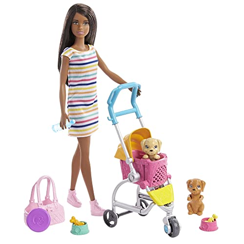 Barbie GHV93 Hundebuggy Spielset Puppe, 2 Hündchen und Wagen für die Hündchen von Barbie