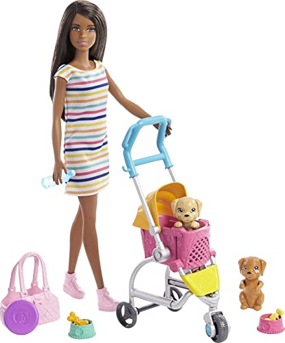 Barbie GHV93 Hundebuggy Spielset Puppe, 2 Hündchen und Wagen für die Hündchen von Barbie