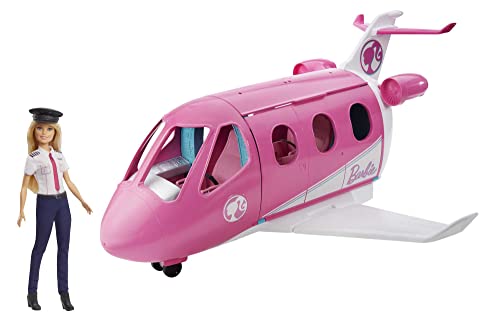 Barbie Flugzeug mit Pilotin Puppe, mit beweglichen Räder und 15x Zubehör inkl. Haustier und Trolley, in rosa, Spielzeug ab 3 Jahre, GJB33 von Barbie