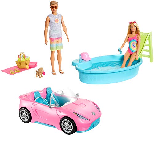Barbie GJB71 - Geschenkset mit Cabrio, Pool mit Rutsche, Puppe und Ken-Puppe in Badebekleidung, mit Moden und Zubehör, Geschenk für Kinder von 3 bis 7 Jahren von Barbie