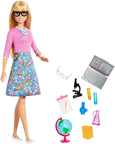 Barbie GJC23 - Lehrerin-Puppe (blond) mit zehn Zubehörteilen für den Unterricht, mit eim drehbaren Globus und aufklappbarerm Laptop, Spielset ab 3 Jahren von Barbie