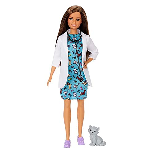 Barbie GJL63 - Brünette Tierärztin-Puppe mit Arztkittel, Kleid und Kätzchen, Spielzeug ab 3 Jahren, Lila,weißen von Barbie