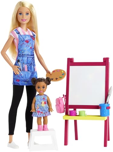 Barbie GJM29 - Kunstlehrerin-Spielset, Puppe (blond), Kleinkind-Puppe, Staffelei mit Farbwechsel-Effekt, Pinsel, Farb- & Wasserbecher, Tritthocker, Spielzeug für Kinder ab 3 Jahren von Barbie