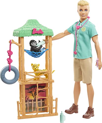 Barbie GJM33 - Ken Wildtierarzt-Puppe mit Spielset, Pflegestation, Gepardenbaby, Äffchen sowie Zubehör für Tierpflege, Spielzeug Geschenk für Kinder ab 3 Jahren von Barbie