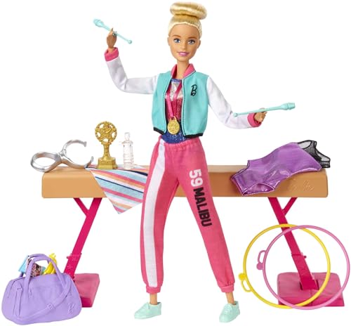 Barbie You Can Be Anything Series, Turnerin, Barbie-Puppe mit blonden Haaren, Schwebebalken, Turnbeutel, Goldmedaille, Barbie-Zubehör, 1 Barbie-Puppe inklusive, Geschenk für Kinder ab 3 Jahren,GJM72 von Barbie